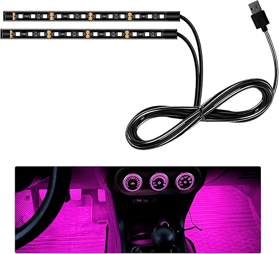 車用ledストリップライト、12v 24個のledネオンアンビエント照明ナイトライト、シガレットアダプタープラグ付き、アンダーダッシュ雰囲気ライト装飾ランプピンクパープル、usbポート