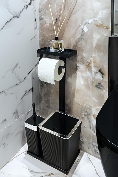 3'ü 1 Arada Banyo Seti Tuvalet Kağıtlık, Çöp Kovası Ve Tuvalet Fırça Takımı Set Çizgili (Krom Siyah)