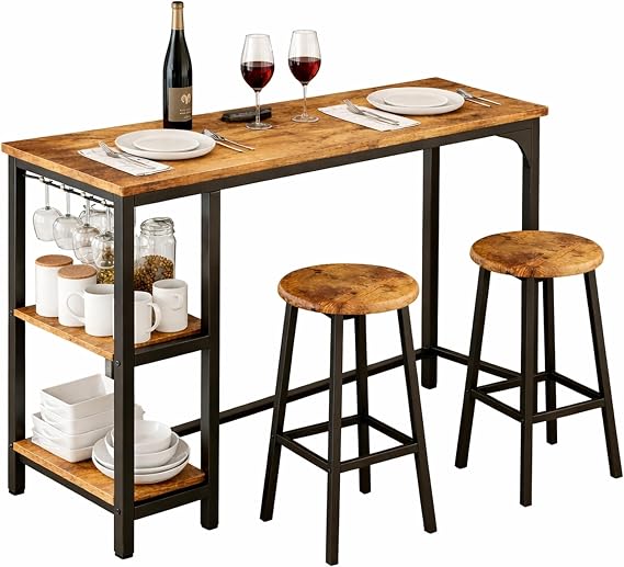 Blishom Bar Set, Set of 3 Pieces Consisting of High Top and 2 Stools, Kitchen Unit with 2 Shelves and Cup Holder, Multifunctional Bar Furniture for Living Room and Dining Room, Retro