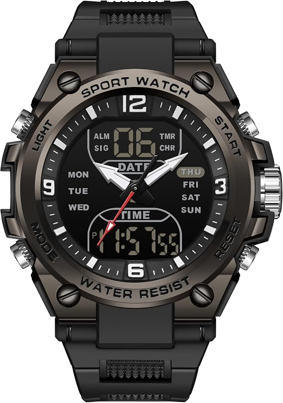 Men's Digital Watch Sports Watch Men's Wristwatches Waterproof Military Watches with LED Luminous Display Analogue Hands and Digital Numbers