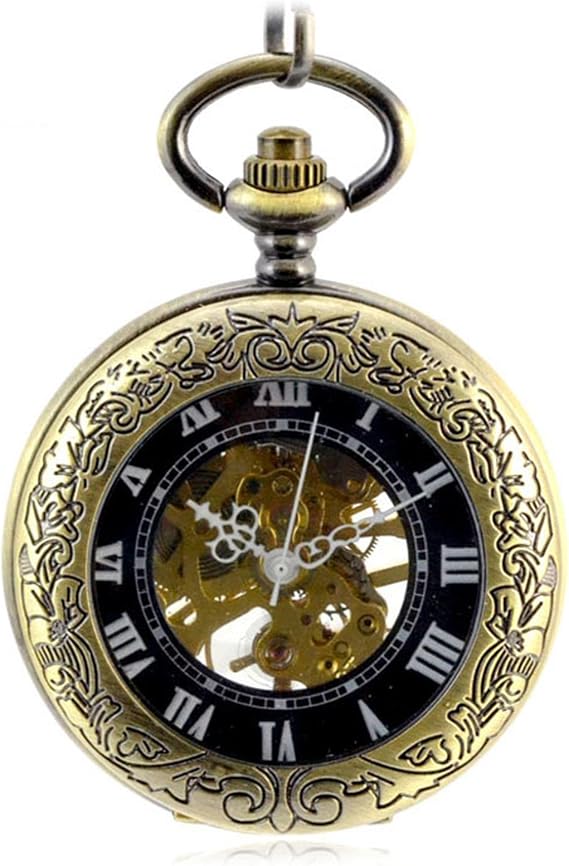 Mens Pocket Watch with Chain Vintage Mechanical Clocks Necklace Hollow Skeleton Hand Wind Carved Fob Watch Pendant Chain Men Women