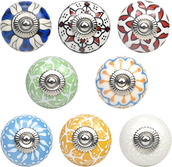 Ceramic Knob, 8 Pcs Vintage Handles for Cabinets, Drawers, Kitchen, 40mm, Round, Hand Painted, Includes Screws, Nuts and Washers, Blue, White, Green, Red