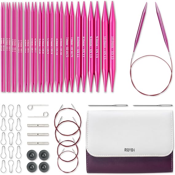 RUIDI Interchangeable Circular Knitting Needles Set with Case & Accessories | 13 pairs in sizes 3.0-10 mm, smooth 13 cm aluminium tips and 4 flexible memory-free cables for versatile projects