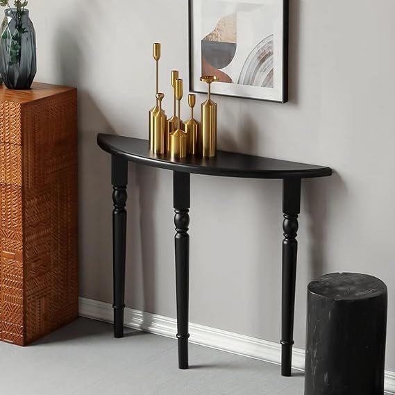 Half Moon Console Table Narrow Entryway Table with Storage, Solid Wood Semi Circle Accent Table For Living Room, Hallway, Foyer, Entrance, Easy Assembly(Black,80x25x80cm)