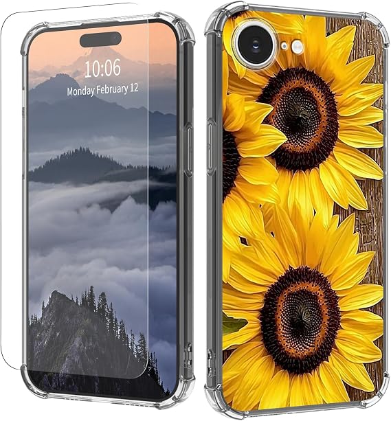iPhone 16e用スクリーンプロテクター付きスマホケース スリム クリア 女性 女の子 落下保護 柔軟 ソフト TPU 透明 クリスタル 耐衝撃 保護ケース Apple 16E 6.1インチ 2025年用、かわいいひまわり