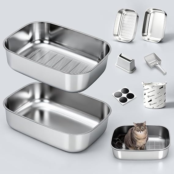 Stainless Steel Sifting Litter Box with Lid, Metal Litter Pan Tray with Scoop for Big Cats & Multi Cat, Extra Large Cats Litterbox Odor Control, Easy Clean (Without Enclosure, X-Large)