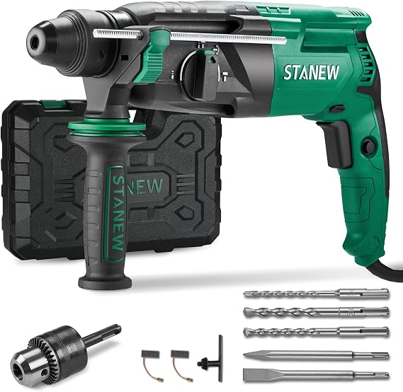 STANEW 950W Corded Hammer Drill, SDS-Plus, 0-1150 RPM/5100 BPM Rotary Hammer with 4 Functions and Safety Clutch, 360° Rotating Handle, Variable Speed, for Concrete, Steel, Wood