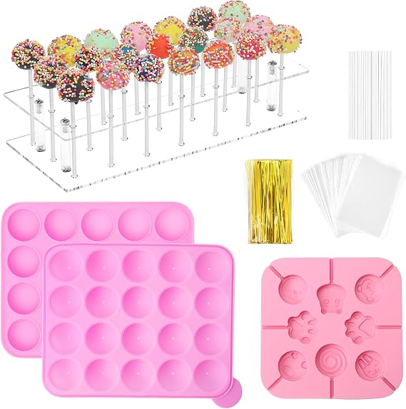 323 PCS Cake Pop Maker Kit, Cake Pop Baking Mold with 1 Acrylic Lollipop Holder,1 Silicone Mold Set,100 Pcs Clear Bags,120 Pcs Treat Sticks,100 Pcs Gold Bow Ties (There is a Lollipop Stand)