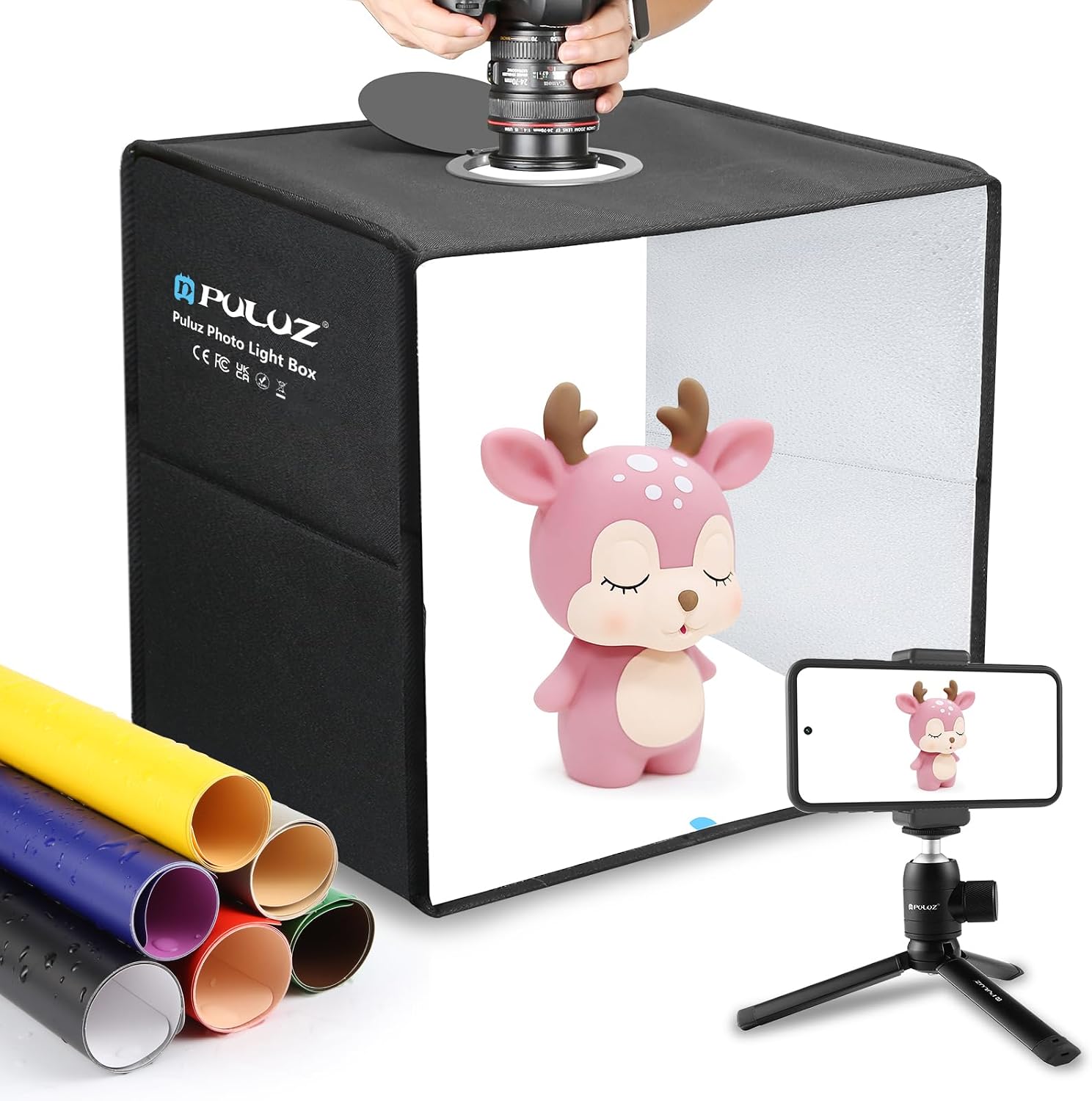 Photo Studio Light Box 16inch PULUZ 40cm Portable Photography Light Box Foldable Shooting Tent Box Photo Lightbox, With 3 Color Temperature Dimmable Ring LED Light 12-color backdrop Photography Booth