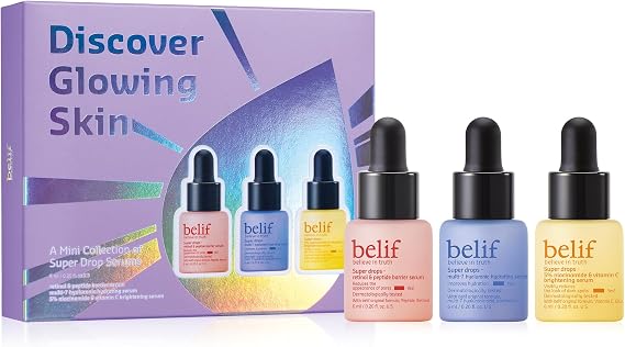belif Super drops - discover glowing skin mini kit | Travel size, gift set, hyaluronic hydrating serum, peptide firming serum, vitamin C brightening serum, Korean skincare, Korean beauty (6ml x 3)
