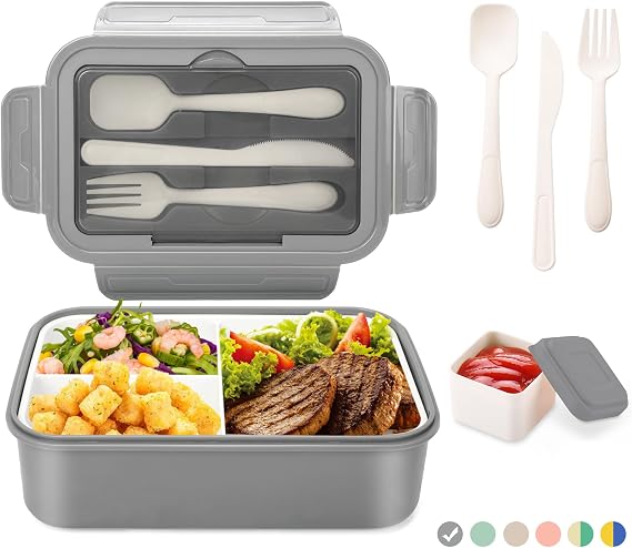 LUZOON Lunch Box, Bento Box Lunch Box for Children and Adults with 3 Compartments and Cutlery 1400 ml Plastic Lunch Box Food Box, BPA-Free, Microwavable (Grey + Sauce Box)