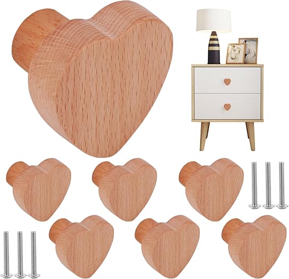 ALLOMN 6PCS Cabinet Knobs, Solid Wood Door Drawer Handles Cute Heart Shape Furniture Pull Handle Log Color Wooden Door Knobs with Screws for Children's Room Bedroom Kitchen Bathroom