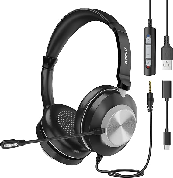 Voistek Wired USB Headset with Microphone for Laptop PC, 3-in-1 Type-C/USB-A/3.5mm Jack, On-Ear Computer Headphones with Noise Cancelling Mic & In-line Controls for Office Work Calls, Zoom, Teams