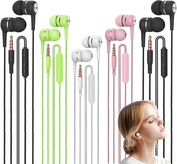 5 Pack Wired Earbuds with Microphone, in-Ear Headphones with Heavy Bass, Adjustable Volume, High Sound Quality Earphones Ear Buds for Laptop iPad MP3 Android Smartphones Fits All 3.5mm Jack Device