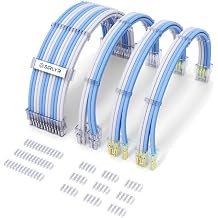Sirlyr PSU Cable Extension,Customed Pre-Bend PC Power Supply Cable,1x 24 Pin ATX / 1x 8 (4+4) Pin EPS/Longer 2X 8 (6+2) Gold-Plated Pin Pcie,Nylon Sleeved Blue White,4 Kits