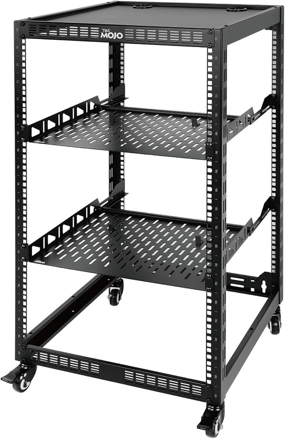 Tecmojo 20U Open Frame Server & AV Rack, 4-Post Mobile Network Rack with Casters, 2x 1U Shelves, Mounting Hardware for 19” Servers, Network & Audio Gear