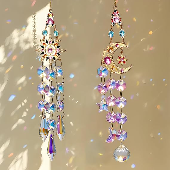 2pcs Crystal Sun Catchers for Windows, Star and Moon Shaped Hanging Garden Ornaments