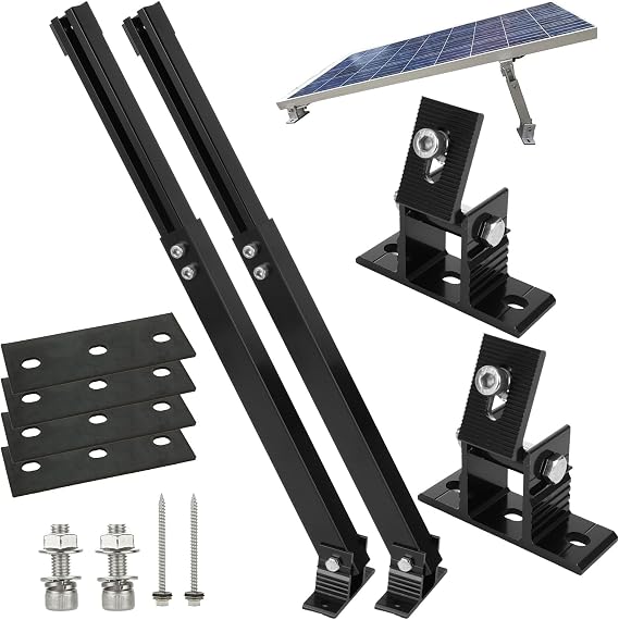 Adjustable Solar Panel Tilt Mount Brackets Aluminum Alloy Solar Panel Mounting Support up to 50 70 100 150 200 300 400 Watt Solar Panel for Flat Surface Roof RV Boat Off-Grid (Mount Only) Black