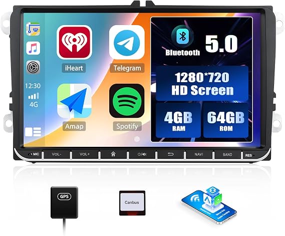 4+64G 9 inch Android Car Stereo for VW Polo Golf Caddy T5 Tiguan Skoda Seat Wireless Carplay Android Auto Radio with Sat Nav Bluetooth 5.0 1280 * 720 Touchscreen FM/RDS DSP EQ Mirror Link SWC