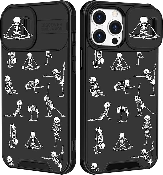 2in1 iPhone 12 Pro Max用 ケース スカル レディース ガールズ かわいい スケルトン ヨガ 携帯電話ケース おもしろい ゴースト ホラー デザイン スライドカメラカバー+リング クール ブラック ティーンケース iPhone 12 ProMax 6.7インチ用