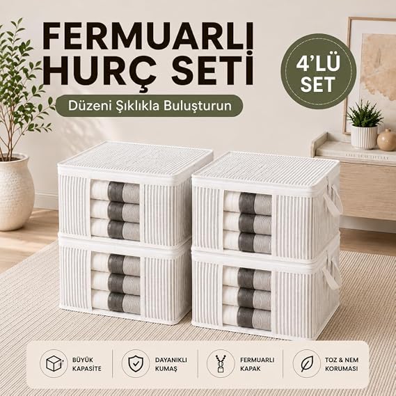 4 Adet Lüks Pencereli Çok Amaçlı Dolap Düzenleyici Hurç Çorap Hurcu 34 x 22 x 22 cm (Beyaz)