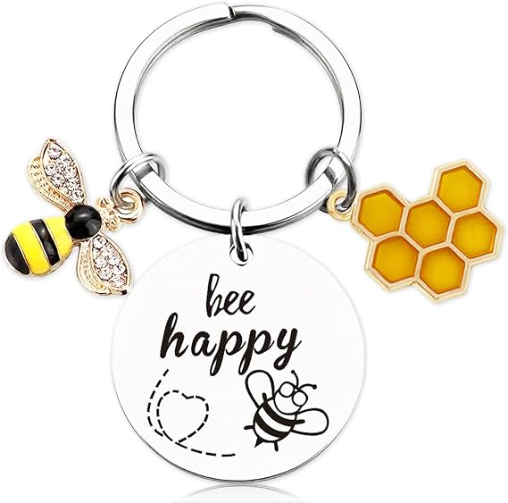 Bee Happy Keyring for Women - Inspirational Gifts Honeycomb and Bee Keychain, Encouragement Leaving Gifts for Colleagues, Mom, Aunt, Daughter, Niece, Friends, Teacher