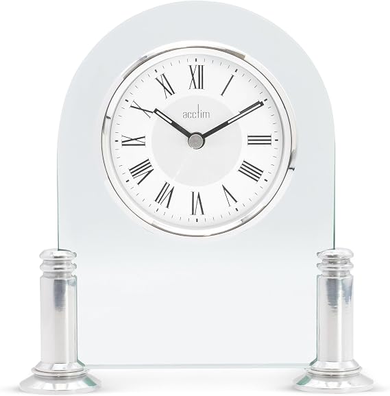 Acctim Bewdley Mantel Clock Quartz Polished Metal & Glass Luminous Hands Floating Effect Silver/White