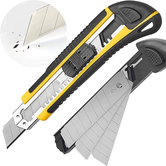 DOWELL Utility Knife Box Cutter Retractable Automatic Loading Heavy Duty Quick Change Extra Blades Pack of 3 TPR + PP Handle Paper Box Cut DIY