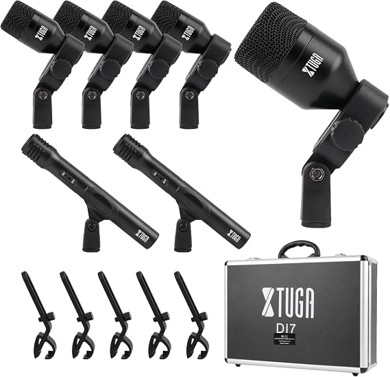 XTUGA DI7 7 PCS Wired Dynamic Drum Mic Kit Metal Kick Bass, Tom/Snare & Cymbals Microphone-Use for Drums, Vocal, Other Instrument with Thread Clip On Stage