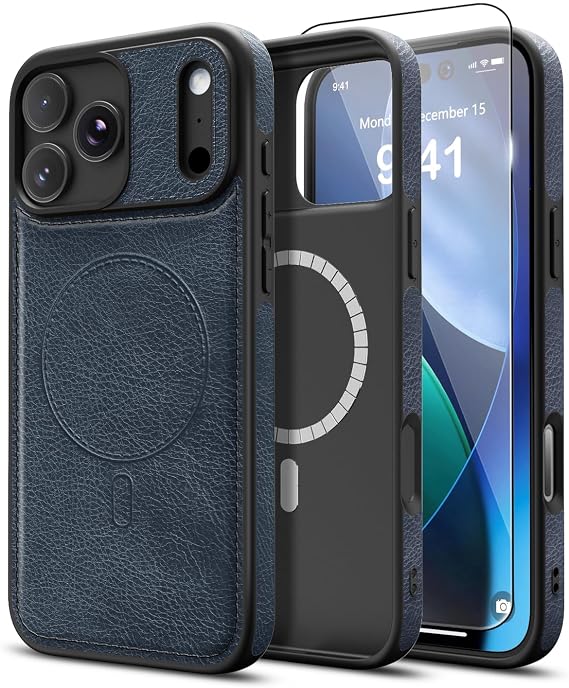 iPhone 17 Pro Max用磁気レザーケース、Magsafe対応ビジネスクラシックスタイル耐衝撃メンズレディース、保護スリムフィット電話カバー、iPhone 17 Pro Max用、ブルー