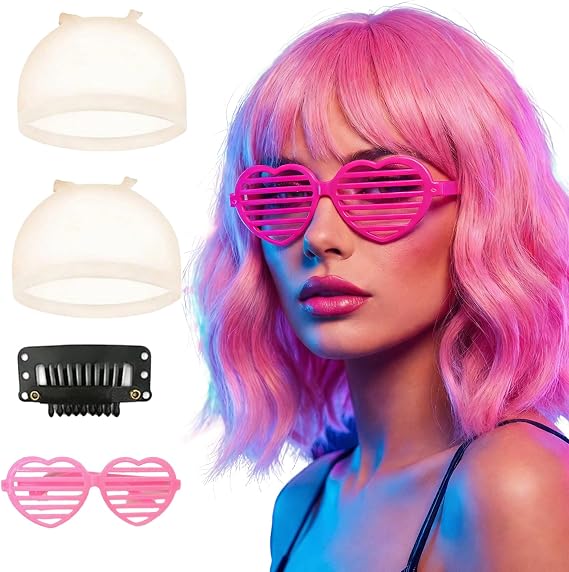 Light Pink Wigs For Women,Loose Curly Pink Wig,Short Curly Wig With Bangs Including Wig Cap And Sunglasses For Halloween,Christmas Parties,Cosplay And Daily Use