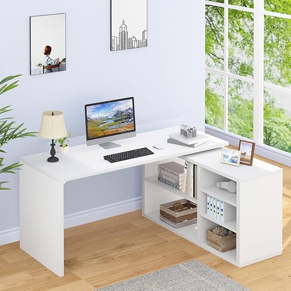 HSH White L Shaped Desk with Shelf, Reversible Modern Home Office Desk Workstation, L Shape Computer Desk with Storage Drawer, Industrial Wood Corner Table for Work Study Writing Gaming, 140 CM
