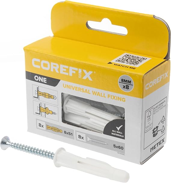 Corefix ONE Universal Wall Plugs & Screws Pack of 8, Heavy Duty (100kg in masonry) Wall Fixing Suitable or All Wall Types. Perfect For Mounting Shelves, Hanging TV's And Securing Cabinets