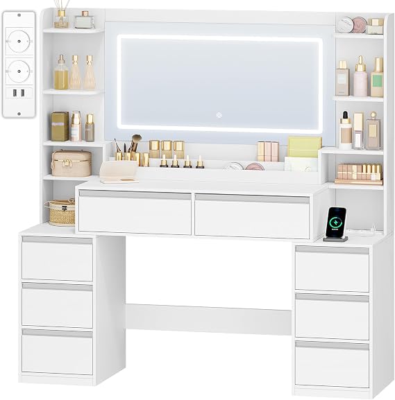 HEXCELEN 135 cm Dressing Table, with LED Light, Large Mirror, White-Silver