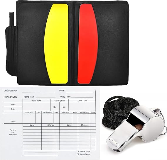 Referee Cards Set, Warning Football Referee Kit, Red and Yellow Cards with Stainless Steel Metal Coach Whistle with Lanyard, Record Paper, Pencil, Card Holder for Football Basketball Soccer