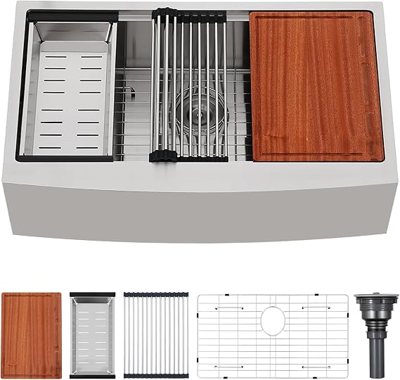 VAPSINT 33 Inch Farmhouse Kitchen Sink, 33x20x9 Inches Stainless Steel Undermount 16 Gauge Deep Single Bowl Apron Front Workstation Ledge Farm Sink with Accessories