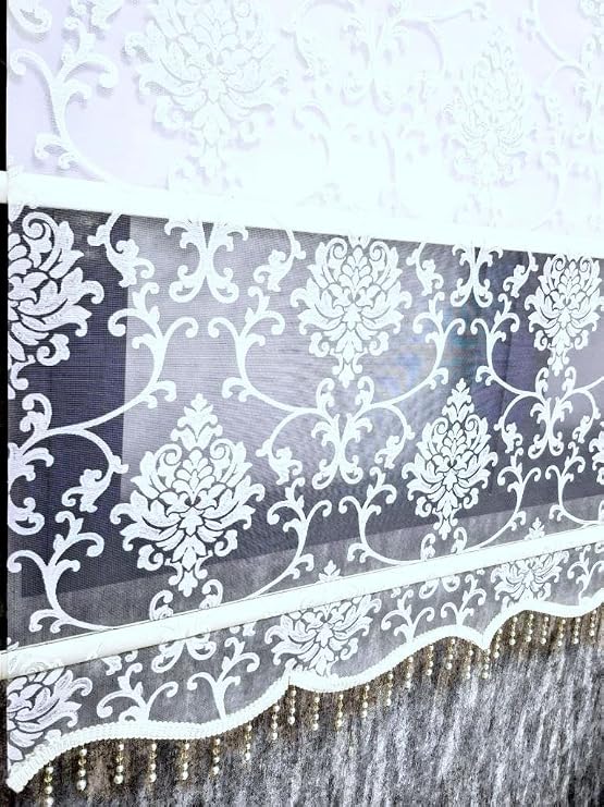 BBB Simli Boncuklu Damask Desenli Çift Mekanizmalı Tül Stor Perde Ekru MT1018SB 180x200 Ekru