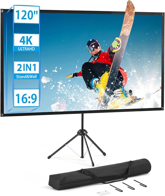 Projector Screen and Stand, Portable Projector Screen, 120 Inch 16:9, Outdoor Projection Screen, 1.2 Gain, 160 Degrees View Angle, 2 Mounting Modes, Fast Setup, Idea for Home Cinema, Backyard Party.