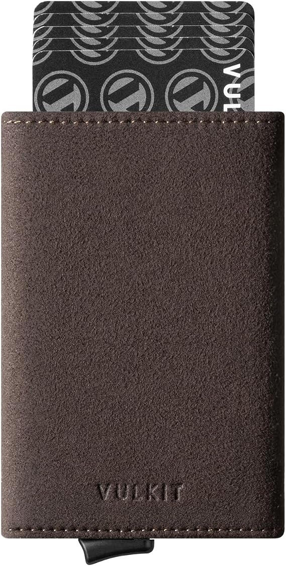 VULKIT Credit Card Holder RFID Blocking Mens Leather Bifold Card Wallet Automatic Pop Up for 9 Cards with ID Window & Coin Pocket