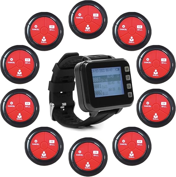 Wireless Calling System Restaurant Pagers Table Calling System, Waiter Calling System with 10 Waterproof Call Buttons and 1 Watch Receiver Suitable for Clinic，Restaurant, Cafes, Factory