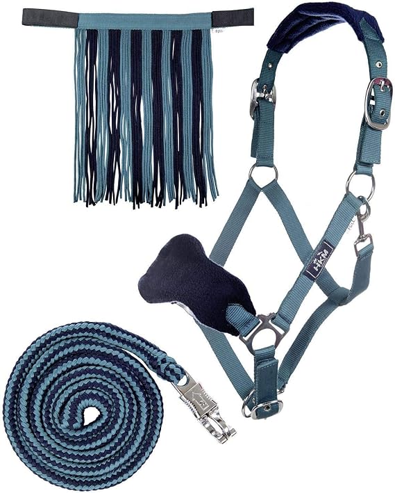 HKM Head collar set with panic hook & fly fringe Petrol/Navy Full
