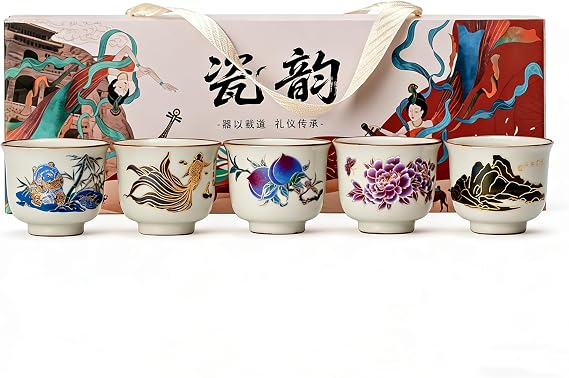 Color Changing Tea Cup & Coffee Mug Set, 5 Pcs Heat Reactive Ceramic Magic Teacups with Peony & Panda Design, Traditional Kung Fu Tea Cups for Home, Office & Gifting (Colorful)