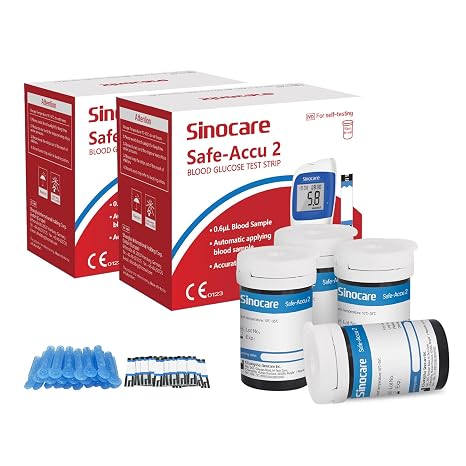 sinocare (Safe-Accu2) Blood Glucose Test Strips/Blood Sugar Test Strips 100 pcs No Need Code & Lancing Devices x 100 / for sinocare Safe-Accu2 Blood Glucose Monitor Only