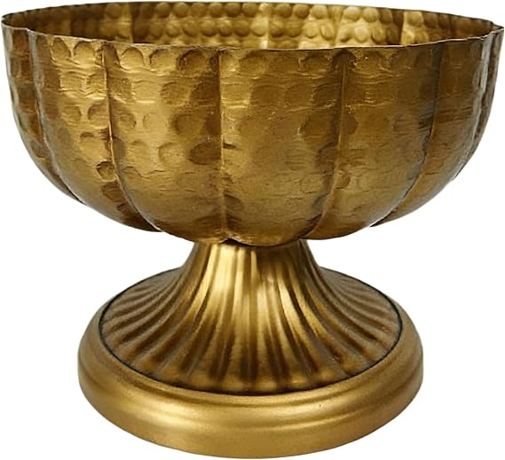 Vintage Gold Metal Compote Bowl, Sturdy Iron Accent Decor with Hammered 7.9 in Wide Mouth, Versatile Fruit Platter Centerpiece, 6.3 in Tall Gold Compote Vase for Indoor Outdoor Home Decor