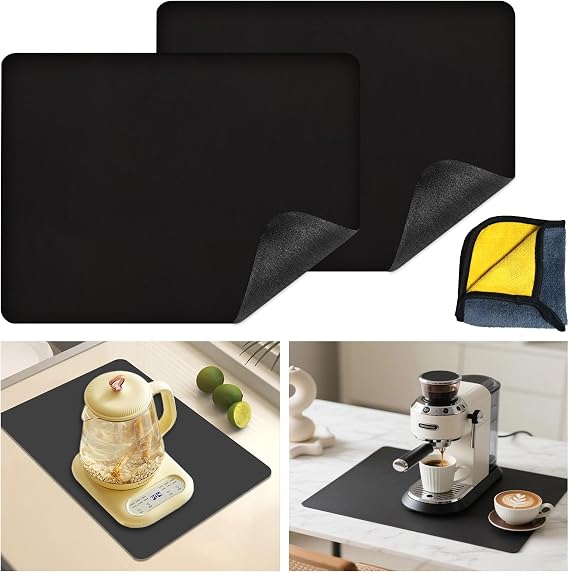 2Pcs Draining Mat, Kitchen Super Absorbent Draining Mat, Super Absorbent Kitchen Counter Mat, Coffee Machine Mat,Quick Dry Dish Drainer Mat, Anti Slip Drainer Mat for Kitchen Counter, Black, 50x40cm