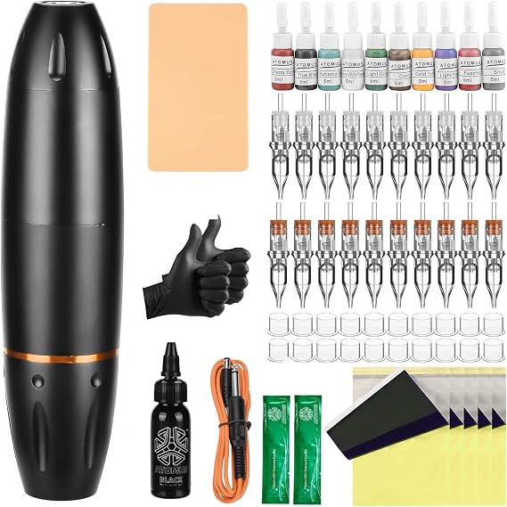 ATOMUS Tattoo Machine Set Tattoo Pen Set Tattoo Pigment Ink Black Professional Rotary Tattoo Machine Kit 5pcs 3RL/3RS/5RL/5RS Cartridge Needles