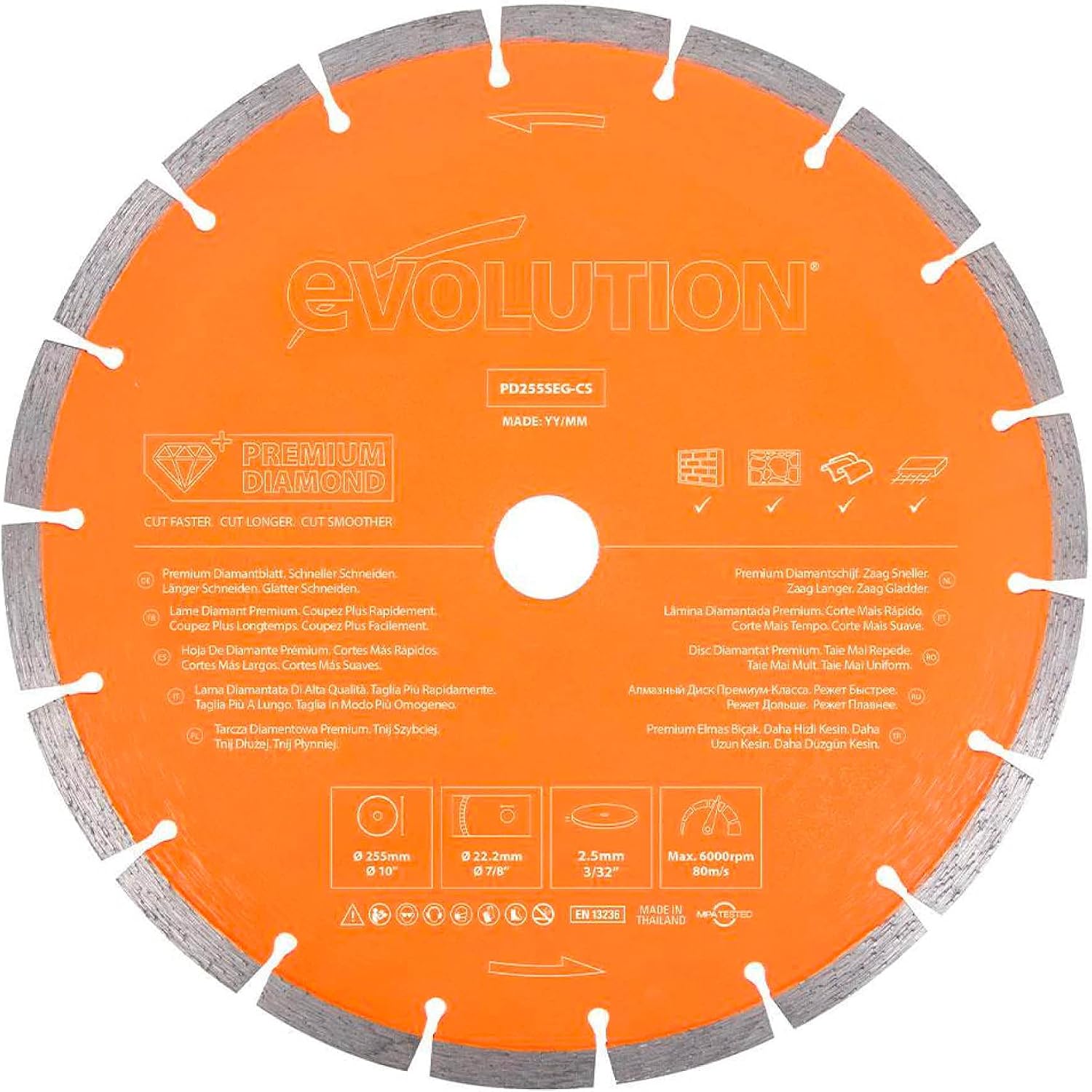 Evolution PD255SEG-CS - 255 mm Premium Multi Material Diamond Blade For Disc Cutters - Faster Cutting and Longer Blade Life - Ideal for Cutting Brick, Roof Tile, Paving, Reinforced Concrete and More