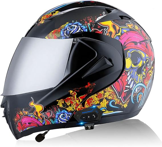 Bluetooth Motorcycle Helmet Flip-Up, Integrated Motorcycle Helmet with Anti-Fog Double Visor, DOT/ECE Approved Full Face Motorcycle Racing Helmet for Adults, Men and Women