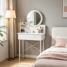 Corner Dressing Table with LED Light, Small Makeup Vanity Desk with Mirror and Drawer, 3 Colour Dimmable Brightness, Compact Makeup Table for Bedroom Bathroom White