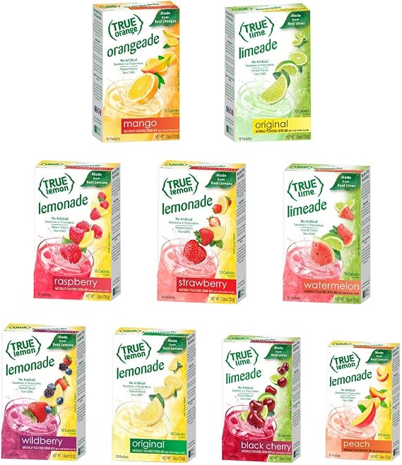 True Lemon STRAWBERRY, WILDBERRY, LIMEADE, WATERMELON, BLACK CHERRY, MANGO ORANGE, PEACH, LEMONADE, RASPBERRY 10ct each box. Citrus Sample Kit, 1.06 Ounce (Pack of 9)